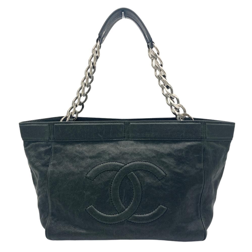 Chanel chain tote bag, caviar leather, black, silver hardware, serial number ...